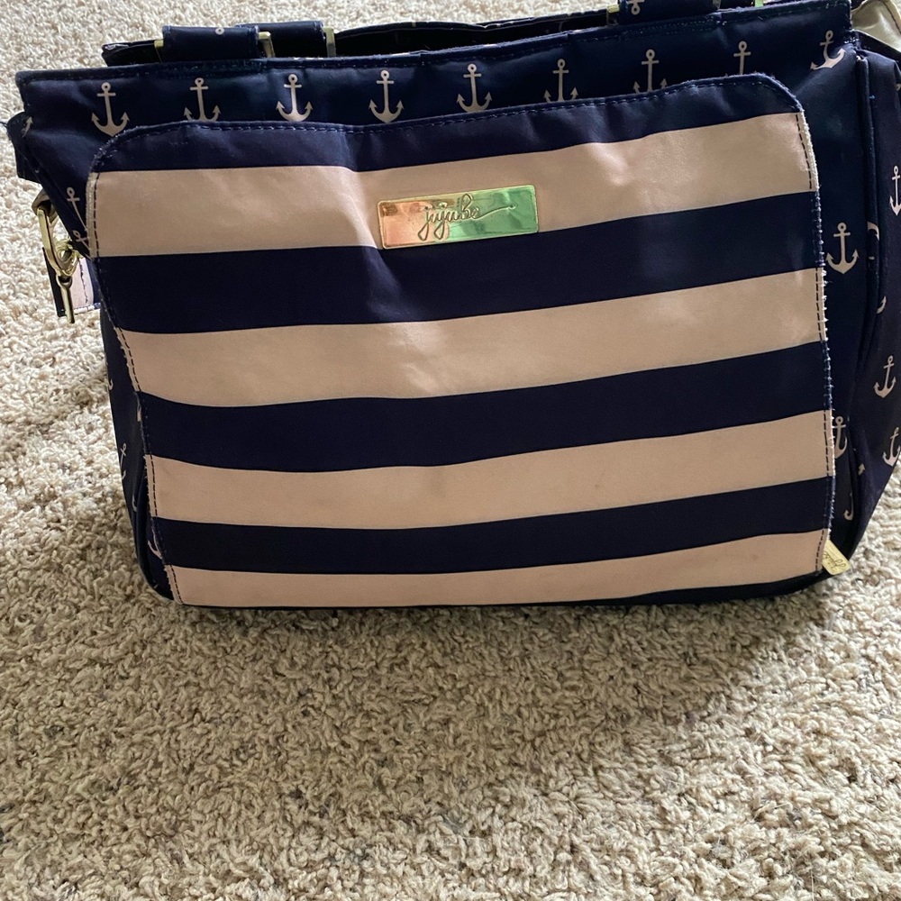 Ju-Ju-Be Blue and Cream with gold anchors Baby Diaper Bag with Striped Design